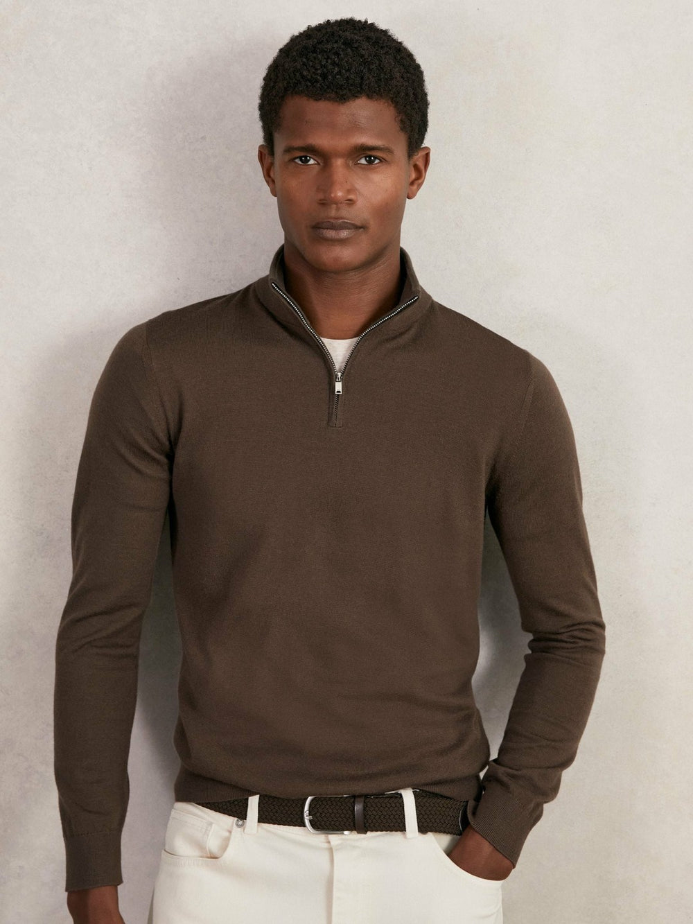 Men Merino Wool Half-Zip Jumper in Chocolate Brown