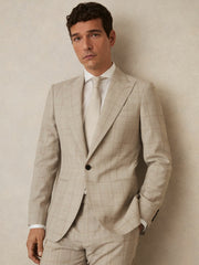 Men Slim-Fit Single-Breasted Wool Check Suit Blazer in Oatmeal Brown