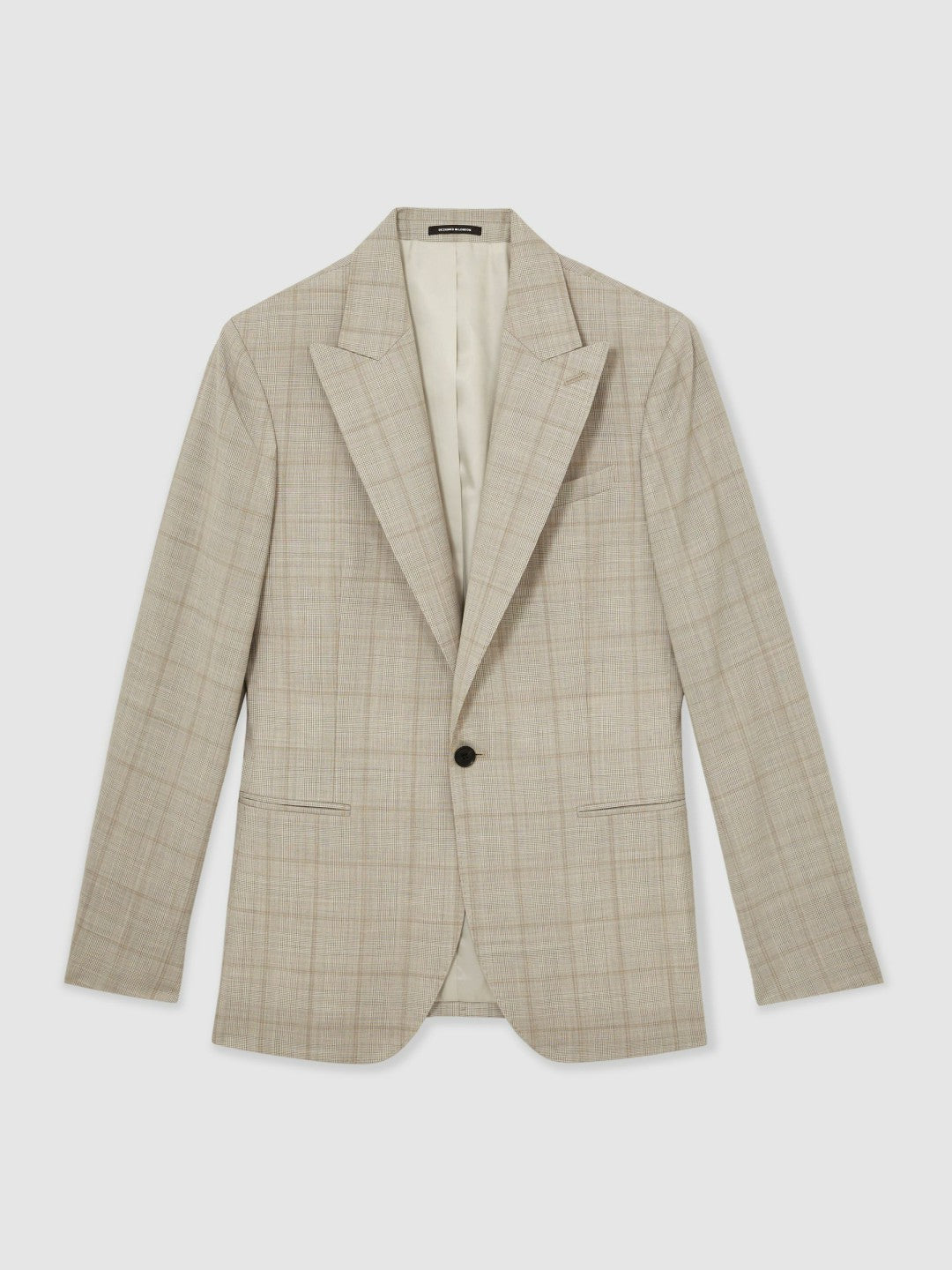 Men Slim-Fit Single-Breasted Wool Check Suit Blazer in Oatmeal Brown