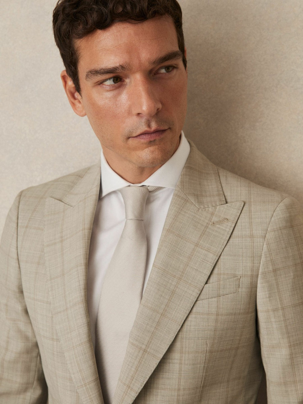 Men Slim-Fit Single-Breasted Wool Check Suit Blazer in Oatmeal Brown