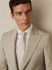 Men Slim-Fit Single-Breasted Wool Check Suit Blazer in Oatmeal Brown