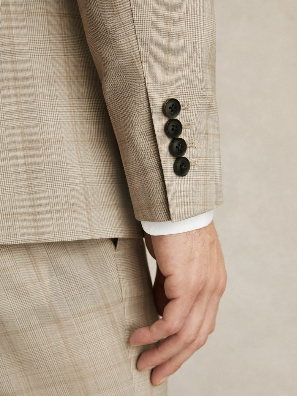 Men Slim-Fit Single-Breasted Wool Check Suit Blazer in Oatmeal Brown