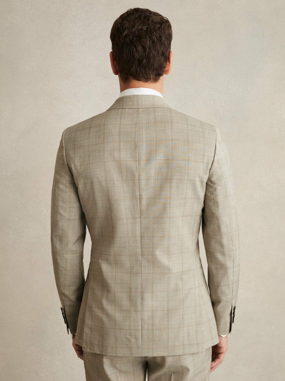 Men Slim-Fit Single-Breasted Wool Check Suit Blazer in Oatmeal Brown