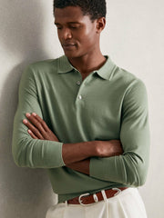 Men Merino Wool Long-Sleeve Polo Shirt in Harper Green