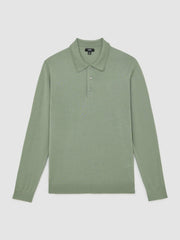 Men Merino Wool Long-Sleeve Polo Shirt in Harper Green
