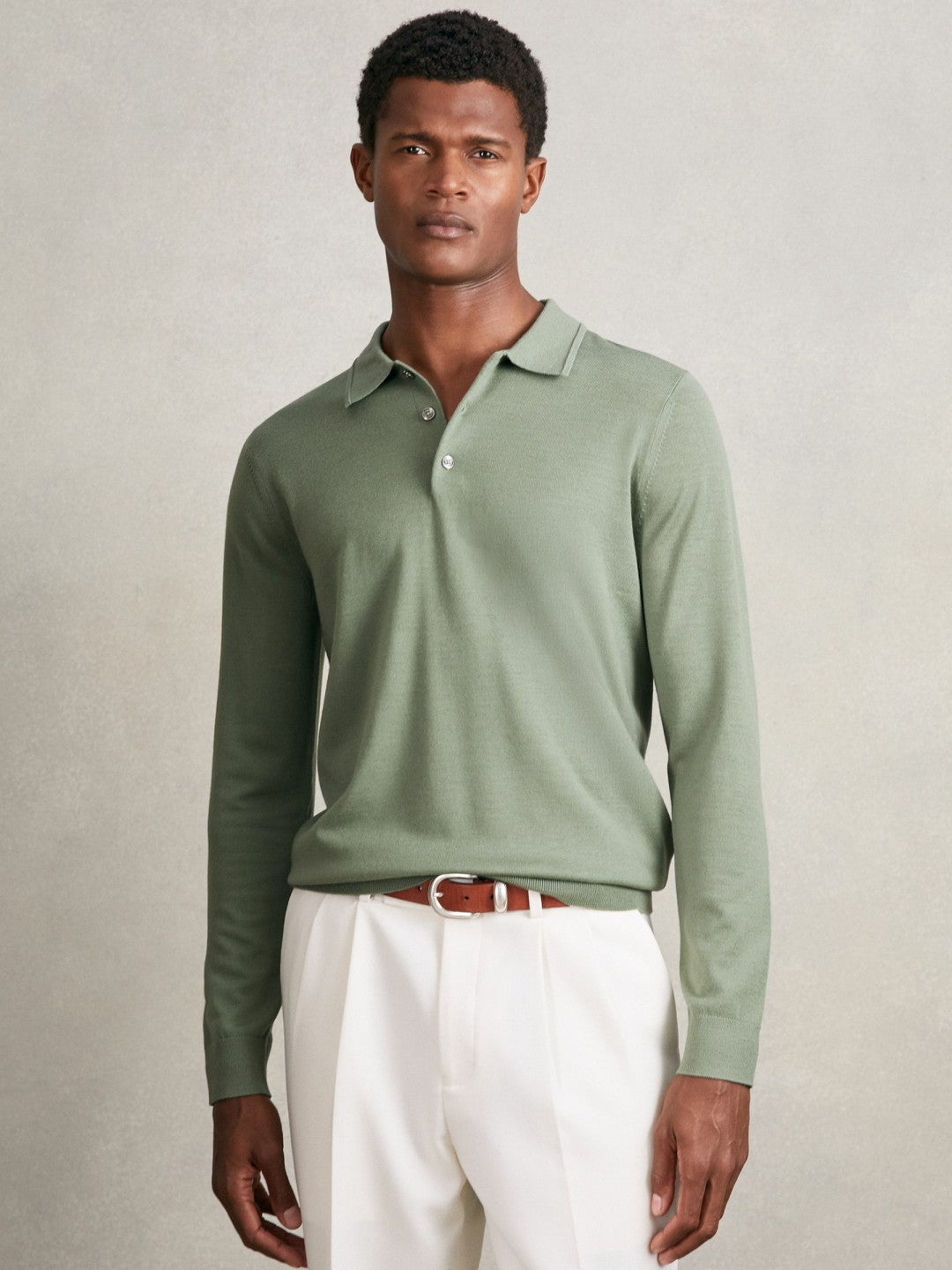 Men Merino Wool Long-Sleeve Polo Shirt in Harper Green