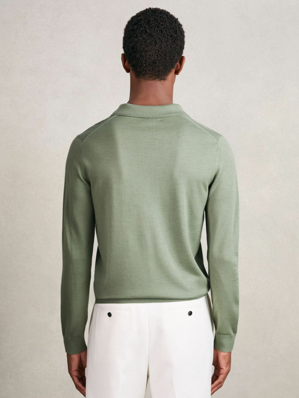 Men Merino Wool Long-Sleeve Polo Shirt in Harper Green