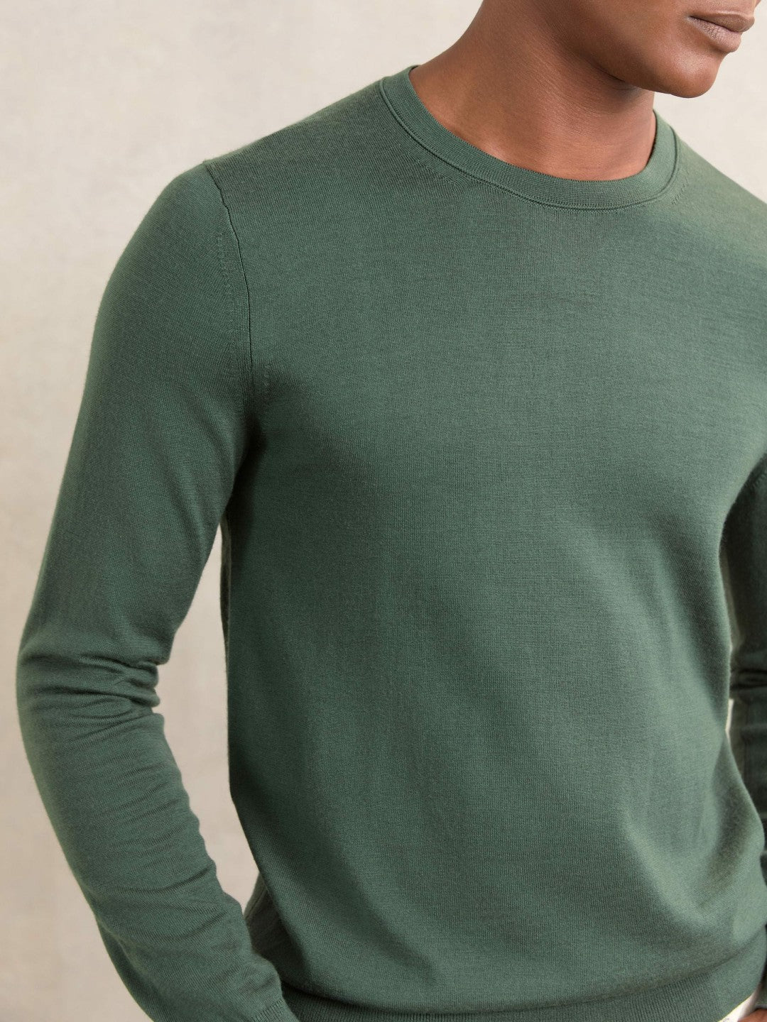 Men Merino-Wool Crew-Neck Jumper in Kale Green