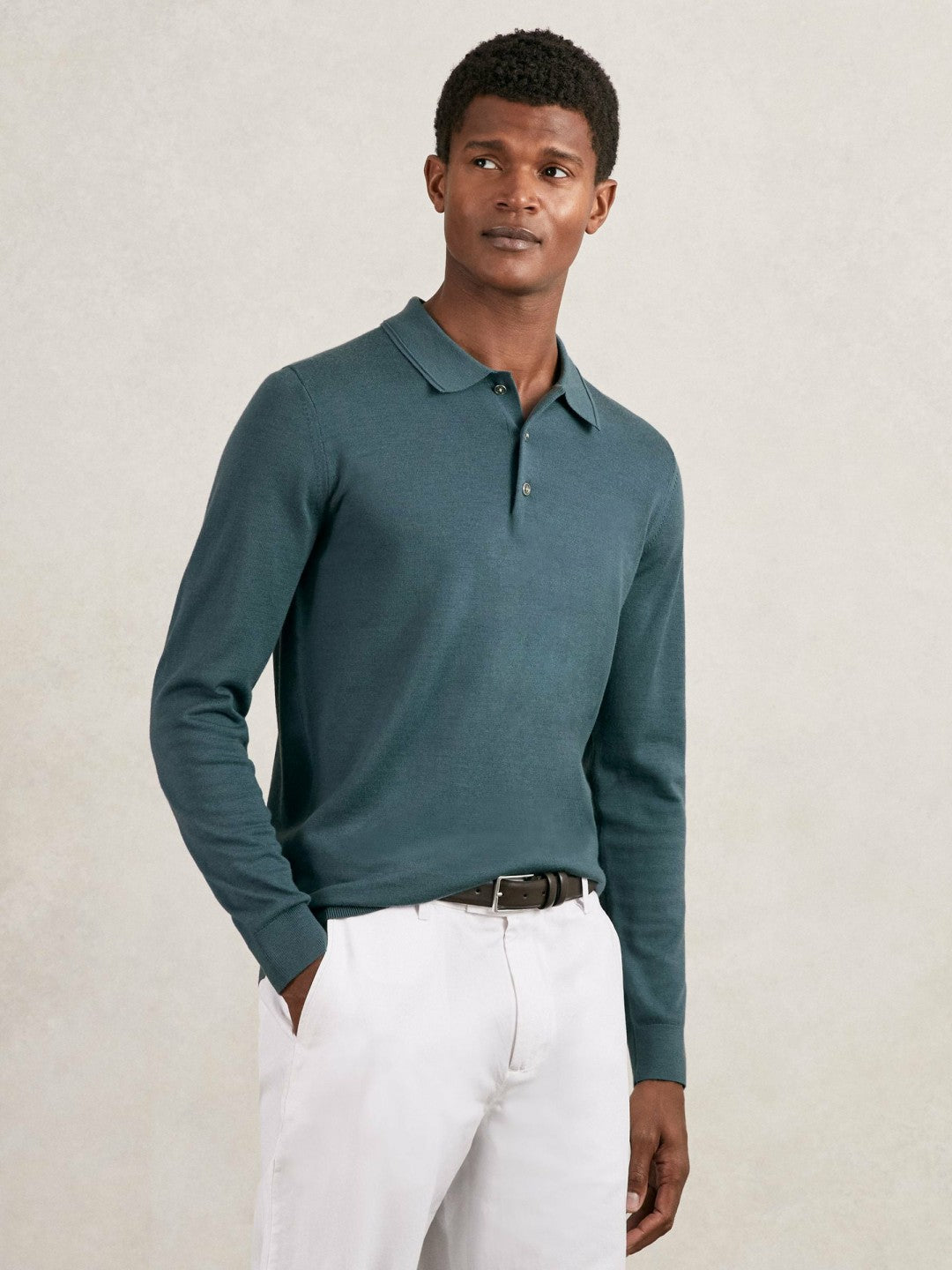 Men Merino Wool Long-Sleeve Polo Shirt in Orion Blue