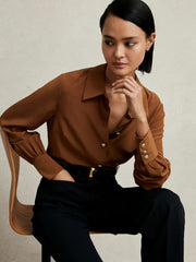 Women Silk Embossed-Button Shirt in Tan Brown