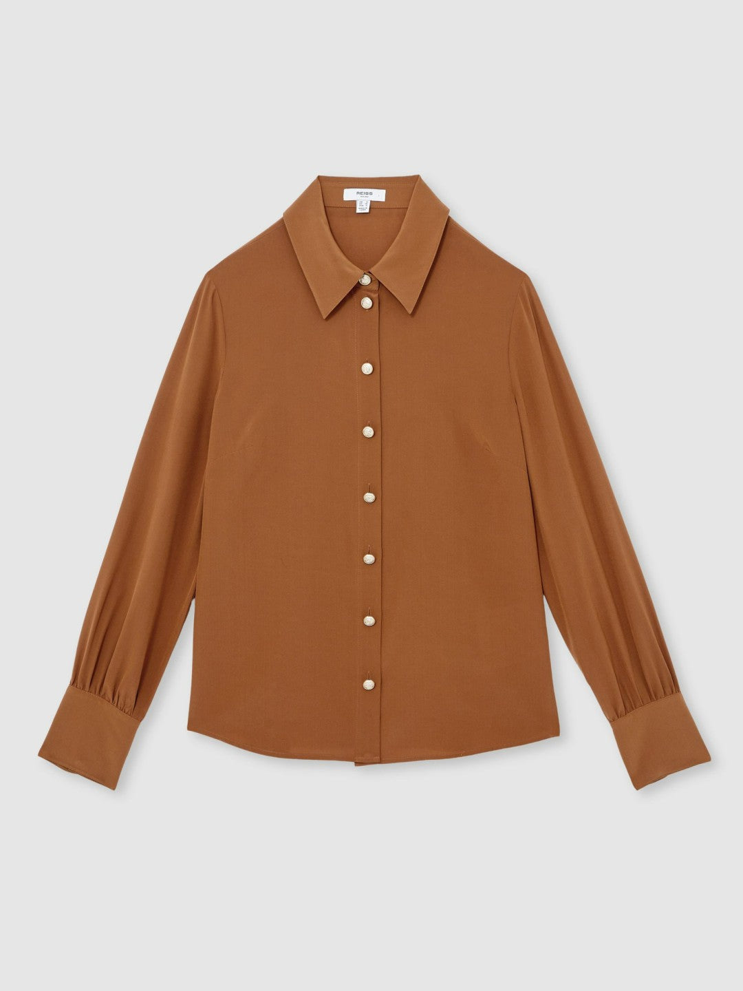 Women Silk Embossed-Button Shirt in Tan Brown