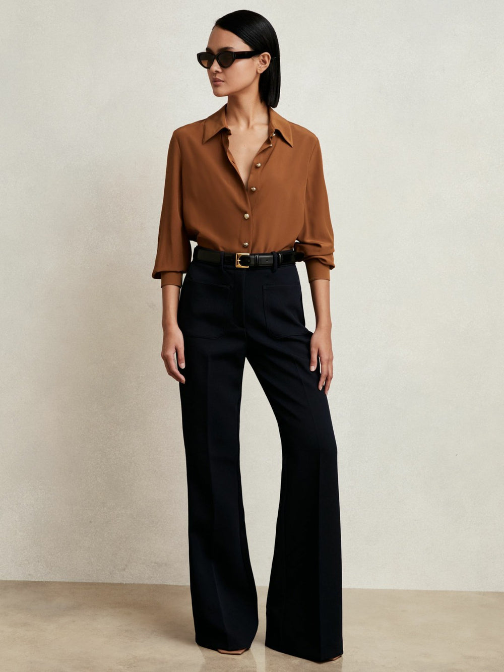 Women Silk Embossed-Button Shirt in Tan Brown