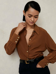 Women Silk Embossed-Button Shirt in Tan Brown