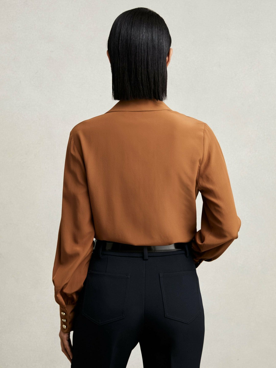 Women Silk Embossed-Button Shirt in Tan Brown