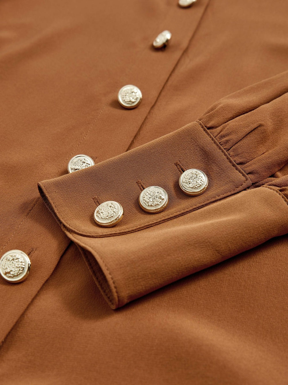 Women Silk Embossed-Button Shirt in Tan Brown