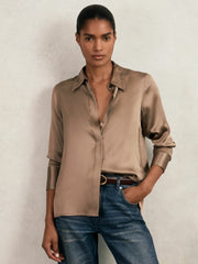 Women Silk-Satin Concealed-Placket Shirt in Taupe Brown