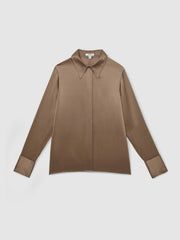 Women Silk-Satin Concealed-Placket Shirt in Taupe Brown