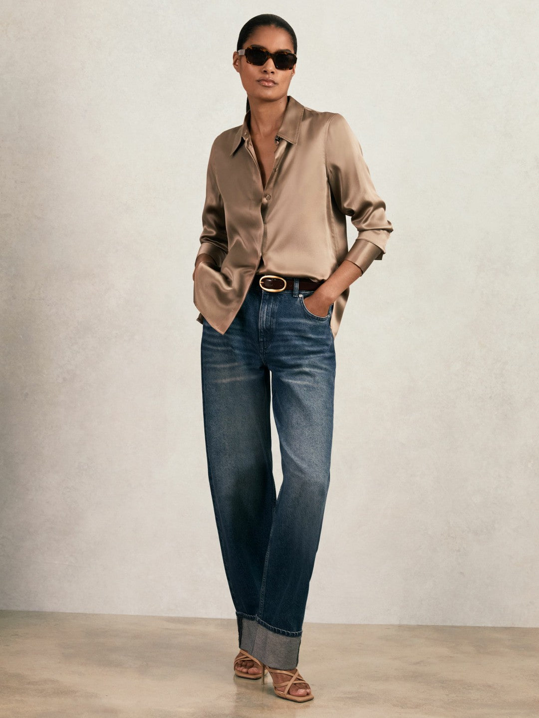 Women Silk-Satin Concealed-Placket Shirt in Taupe Brown