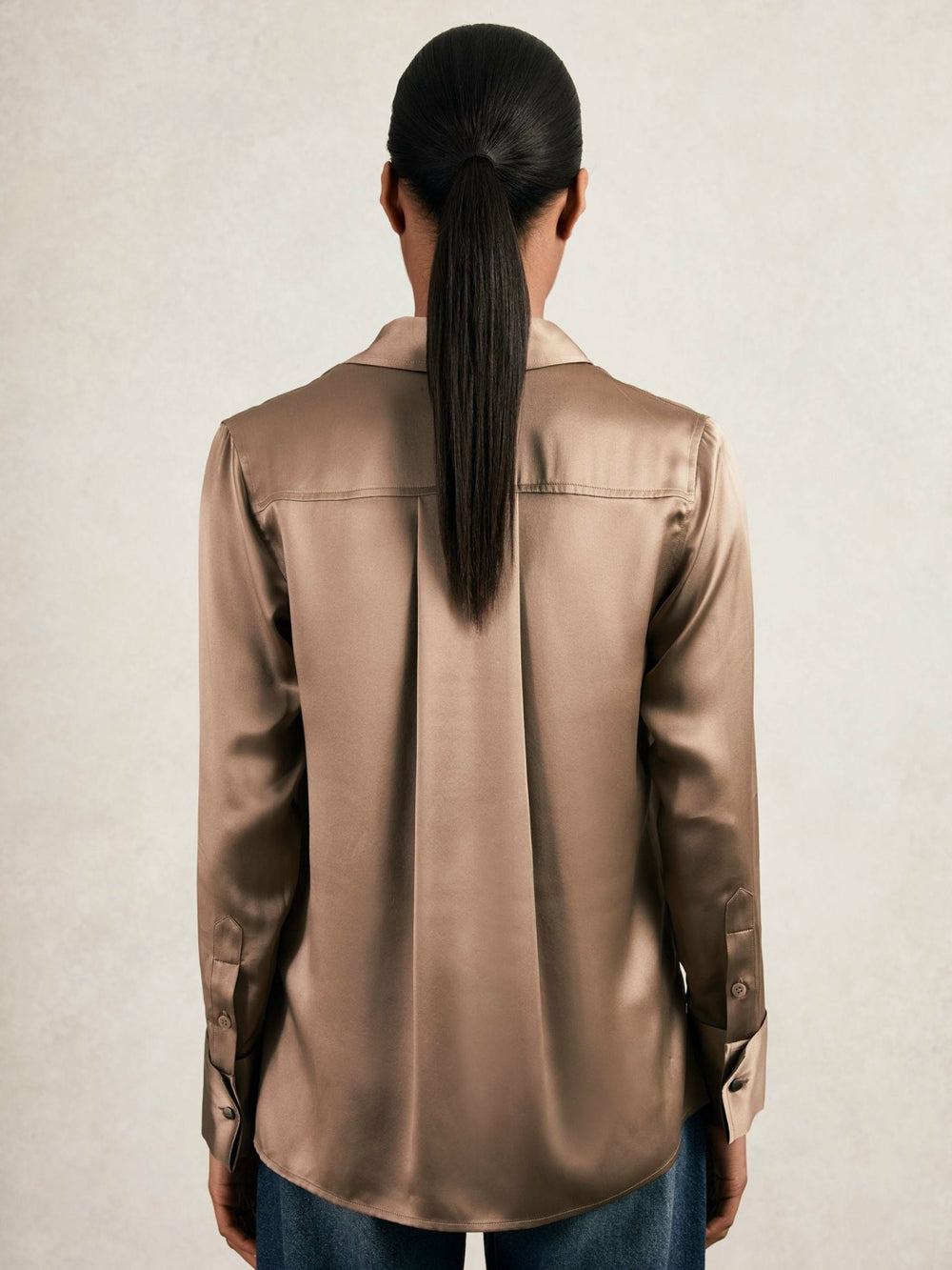 Women Silk-Satin Concealed-Placket Shirt in Taupe Brown