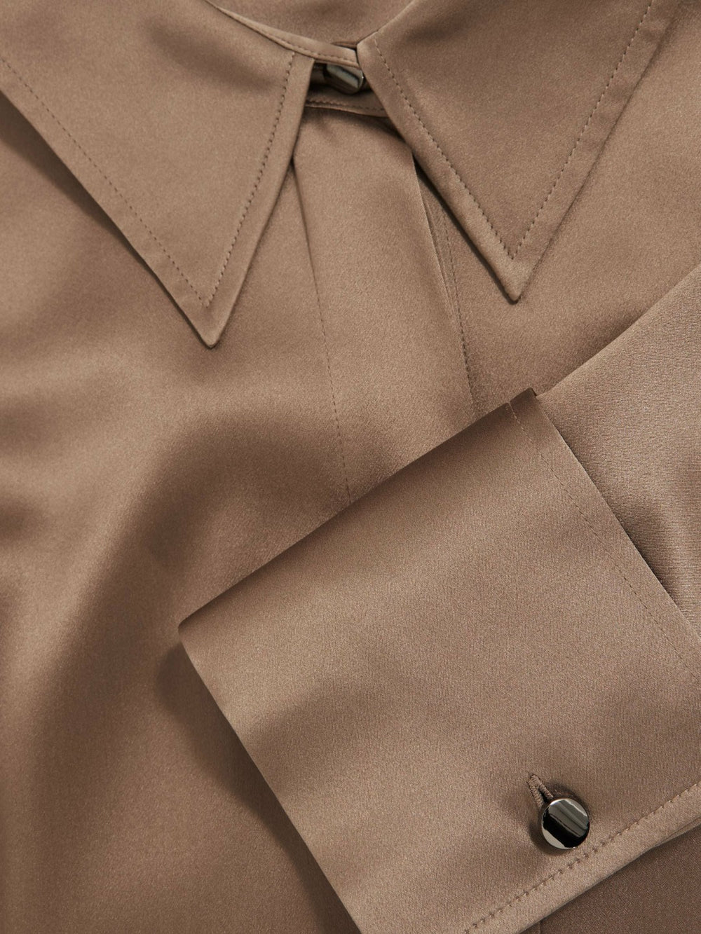 Women Silk-Satin Concealed-Placket Shirt in Taupe Brown