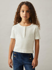 Children & Baby 3-9 yrs Cotton Pointelle Button T-Shirt in Ivory