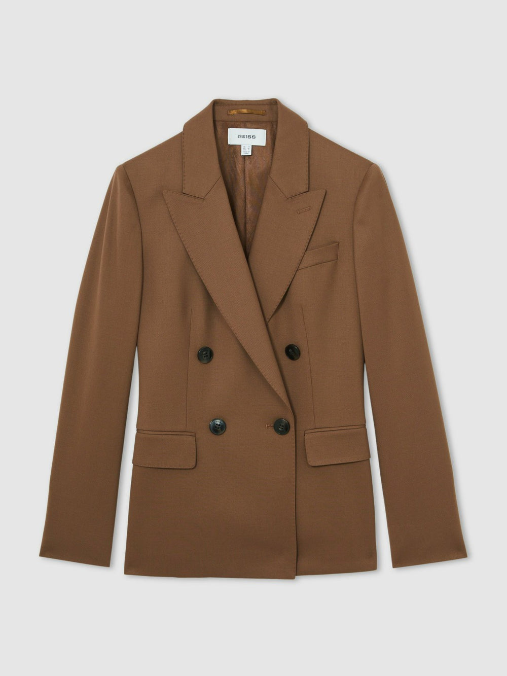 Women Petite Wool-Blend Double-Breasted Suit Blazer in Tan
