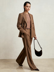Women Petite Wool-Blend Double-Breasted Suit Blazer in Tan