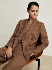 Women Petite Wool-Blend Double-Breasted Suit Blazer in Tan