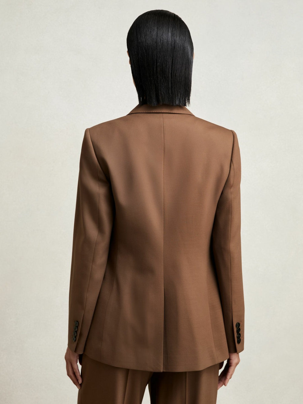 Women Petite Wool-Blend Double-Breasted Suit Blazer in Tan