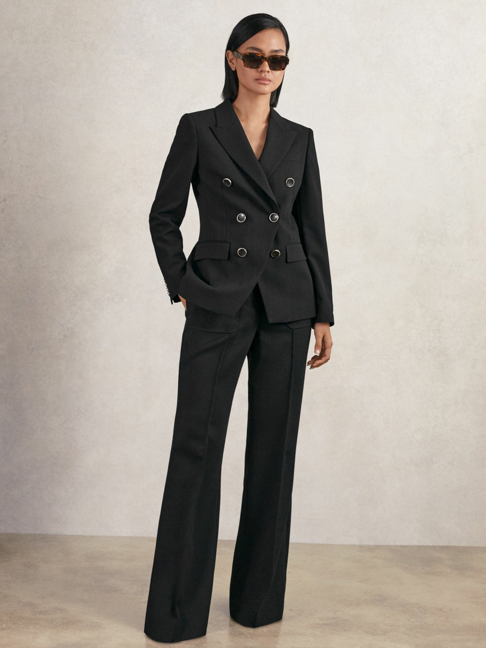 Women Wool-Blend Double-Breasted Blazer in Black