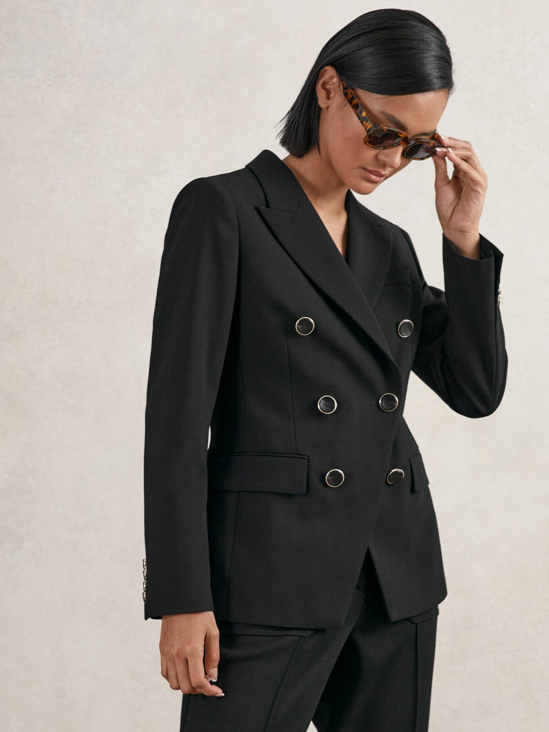Women Wool-Blend Double-Breasted Blazer in Black