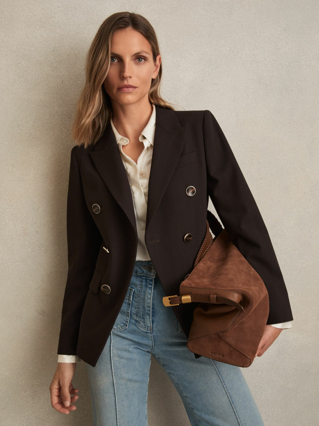 Women Wool-Blend Double-Breasted Blazer in Chocolate Brown