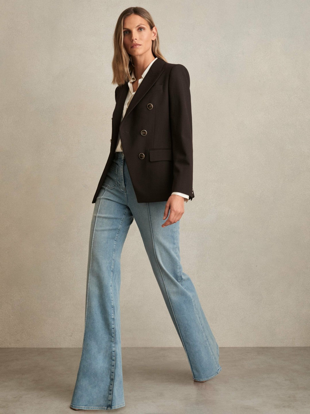Women Wool-Blend Double-Breasted Blazer in Chocolate Brown