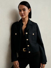 Women Wool Twin-Pocket Cropped Jacket in Black