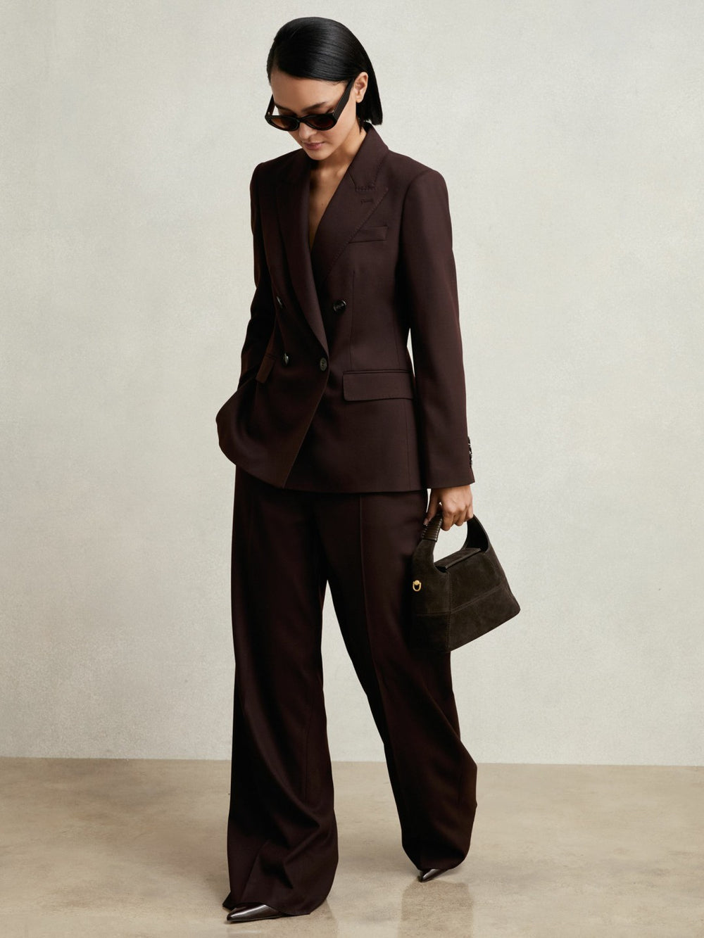 Women Wool-Blend Double-Breasted Suit Blazer in Aubergine