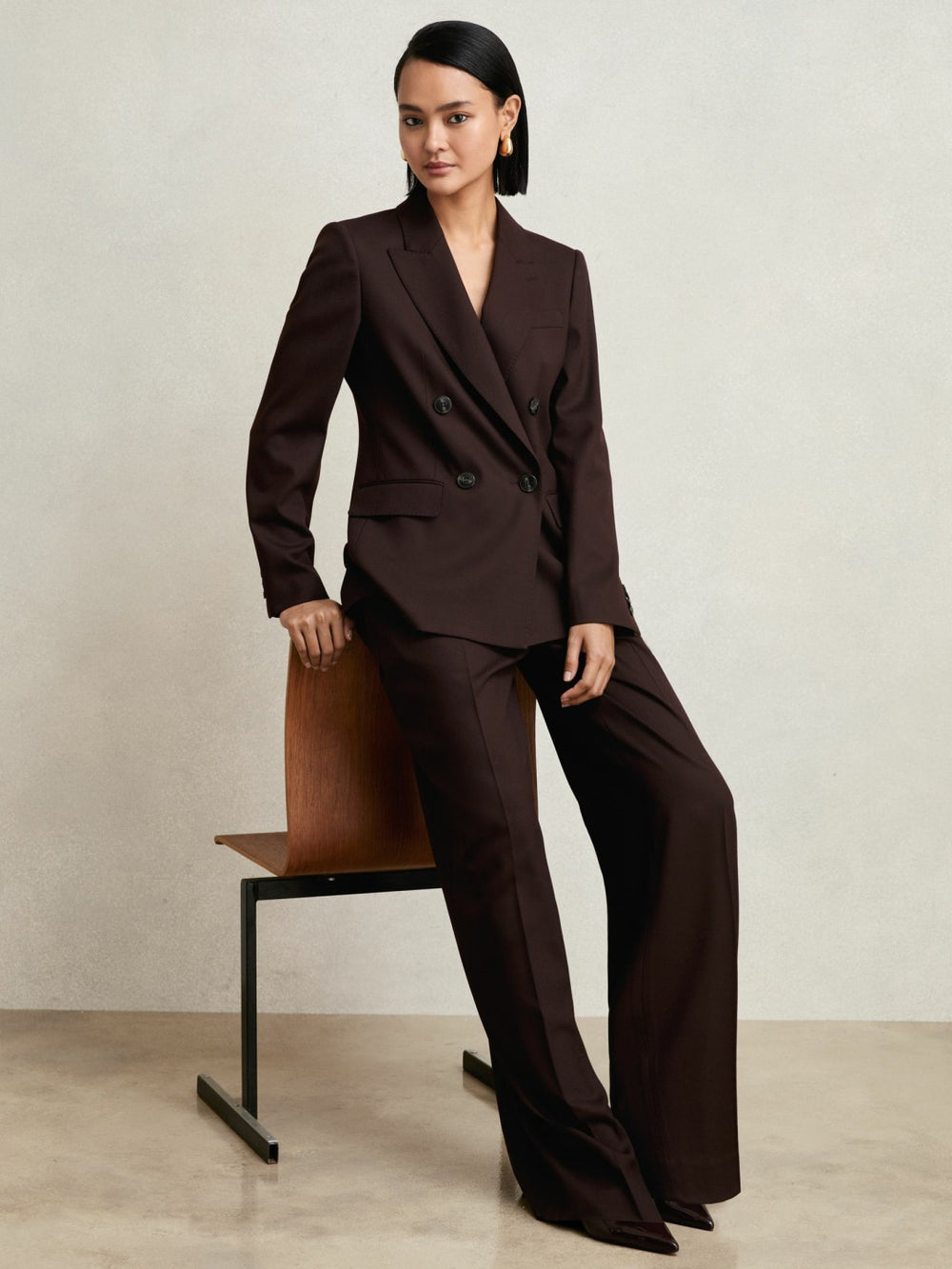 Women Wool-Blend Double-Breasted Suit Blazer in Aubergine
