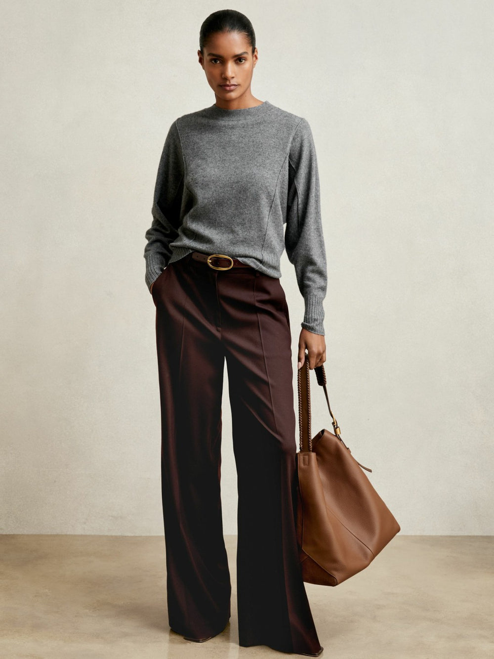 Women Wool-Blend Reverse-Seam Batwing Jumper With Cashmere in Charcoal