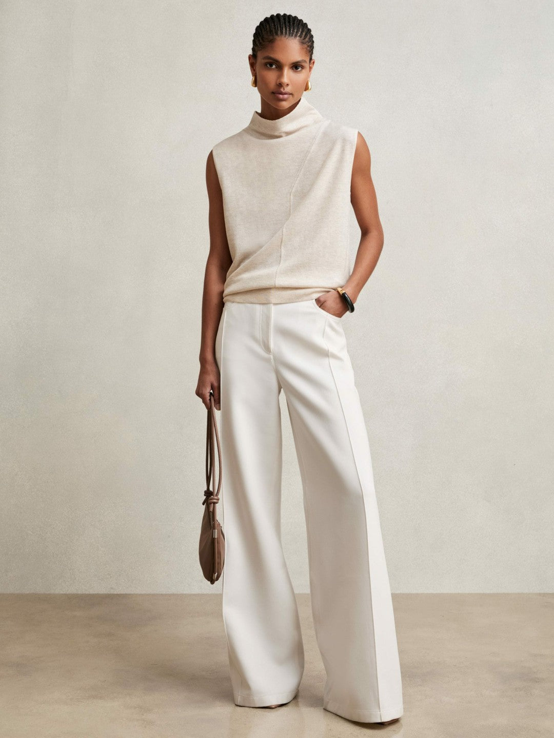 Women Wool Slouched Sleeveless Top in Stone Neutral