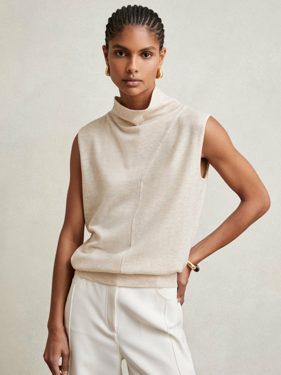 Women Wool Slouched Sleeveless Top in Stone Neutral