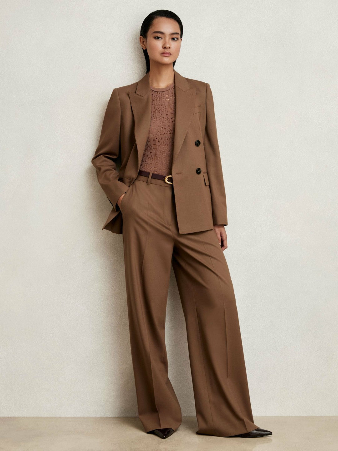 Women Wool-Blend Double-Breasted Suit Blazer in Tan