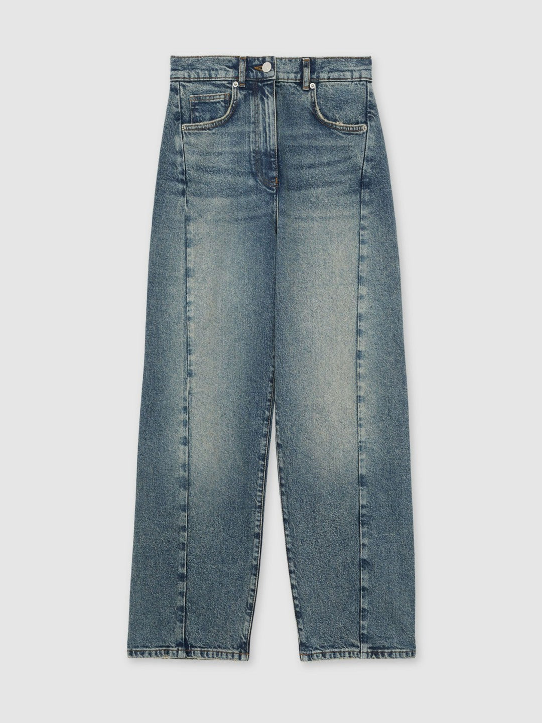 Women Petite Barrel-Leg Seam Jeans in Mid Blue