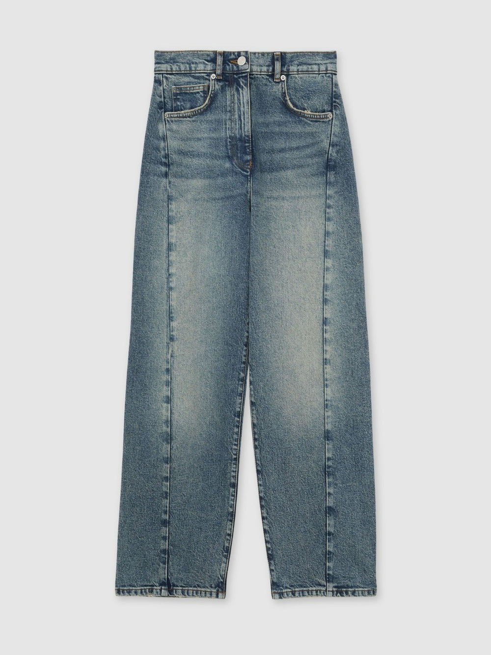 Women Petite Barrel-Leg Seam Jeans in Mid Blue