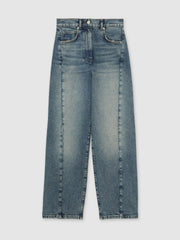 Women Petite Barrel-Leg Seam Jeans in Mid Blue