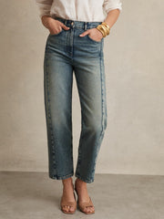 Women Petite Barrel-Leg Seam Jeans in Mid Blue