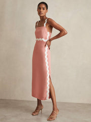 Women Wave-Trim Crepe Midi Dress in Pink