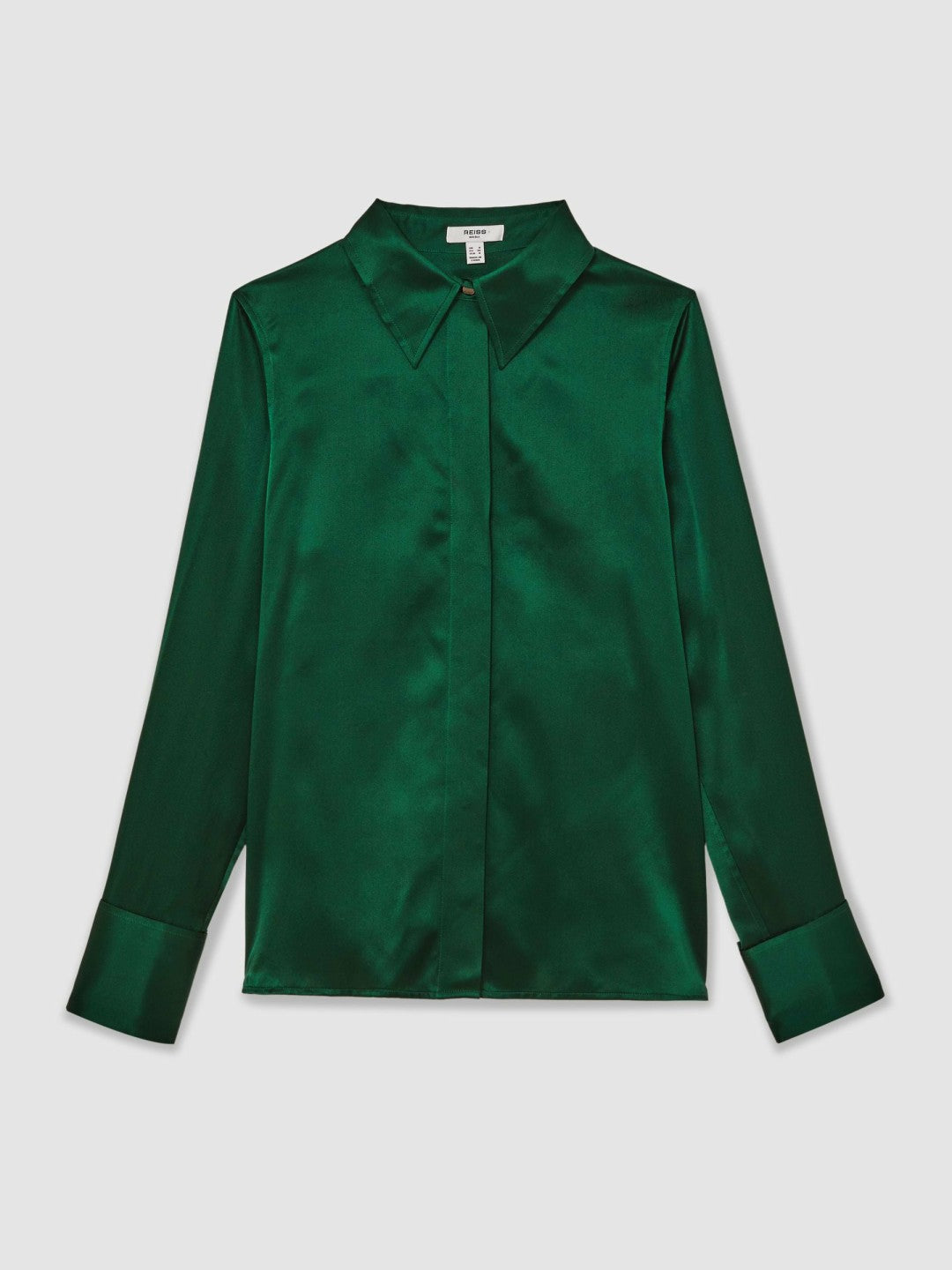 Women Silk-Satin Concealed-Placket Shirt in Green