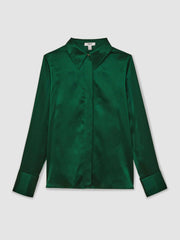 Women Silk-Satin Concealed-Placket Shirt in Green