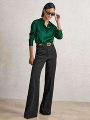Women Silk-Satin Concealed-Placket Shirt in Green