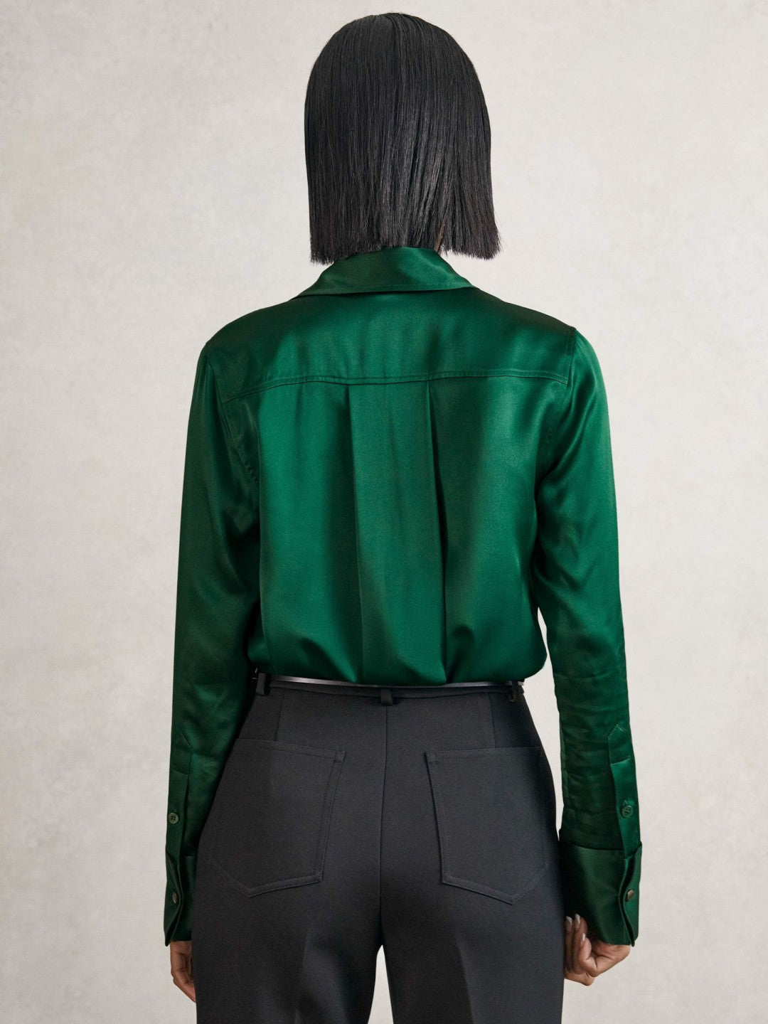Women Silk-Satin Concealed-Placket Shirt in Green