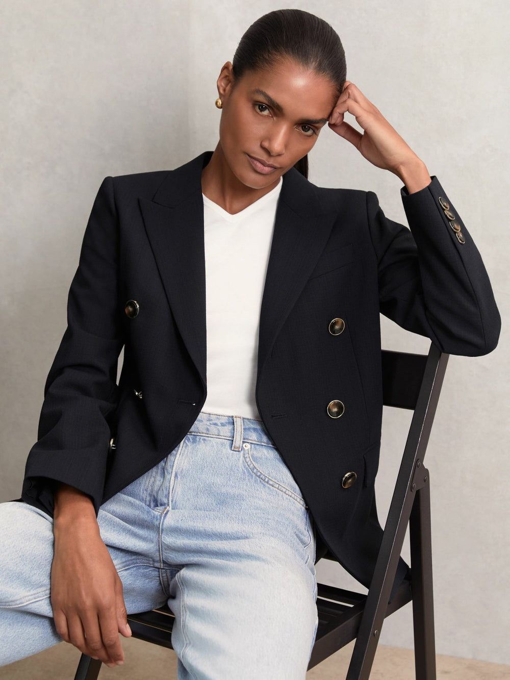 Women Petite Wool-Blend Double-Breasted Blazer in Navy